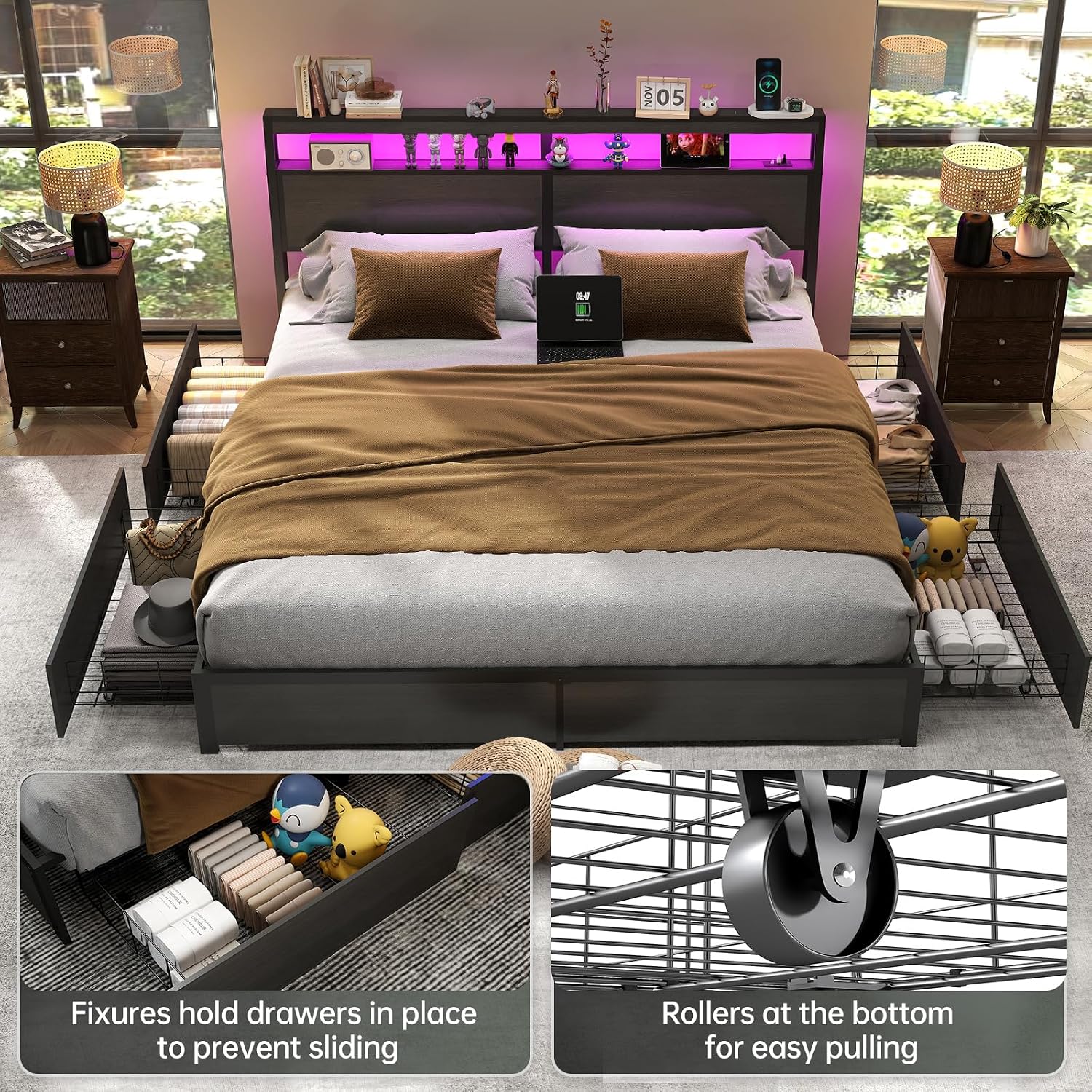 إطار سرير بحجم كينج مع لوح رأس - مراجعة King Size Bed Frame With Storage Drawers وسعره