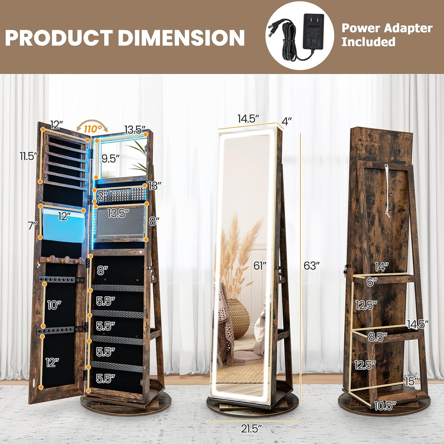 خزانة مجوهرات بمرآة LED دوارة، - مراجعة Full Length Mirror Jewelry Armoire وسعره